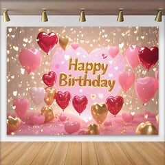 Lofaris Glittery Pink and Gold Heart Balloons Happy Birthday Backdrop, Romantic Celebration Party Decor