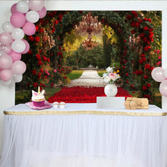 Lofaris Elegant Red Roses Archway Party Backdrop with Chandeliers, Romantic Garden Wedding Engagement Decor
