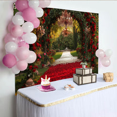 Lofaris Elegant Red Roses Archway Party Backdrop with Chandeliers, Romantic Garden Wedding Engagement Decor