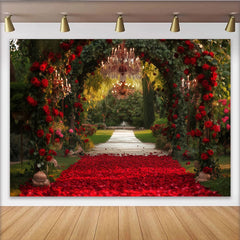 Lofaris Elegant Red Roses Archway Party Backdrop with Chandeliers, Romantic Garden Wedding Engagement Decor