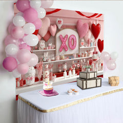 Lofaris Romantic Pink and Red Hearts with Glitter XO Sign Party Backdrop, Sweet Candy Shop Valentine's Day Decor
