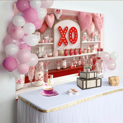 Lofaris Pink and Red XO Hearts Sweet Shop Party Backdrop, Romantic Valentine's Day Love Celebration Decor