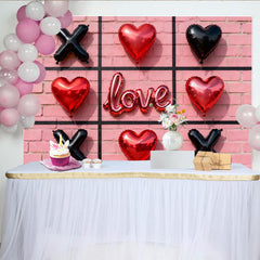 Lofaris Red Heart and Black X Balloons Love Script Party Backdrop, Pink Brick Wall Tic-Tac-Toe Game Theme