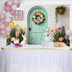 Lofaris Charming Pastel Mint Green Door Party Backdrop with Floral Wreath, Easter Bunnies and Spring Flowers