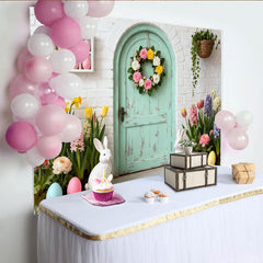 Lofaris Charming Pastel Mint Green Door Party Backdrop with Floral Wreath, Easter Bunnies and Spring Flowers