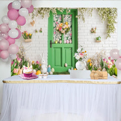 Lofaris Spring Green Door with Easter Bunnies and Flowers Party Backdrop, Festive Holiday Celebration Decor