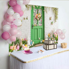 Lofaris Spring Green Door with Easter Bunnies and Flowers Party Backdrop, Festive Holiday Celebration Decor