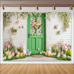 Lofaris Spring Green Door with Easter Bunnies and Flowers Party Backdrop, Festive Holiday Celebration Decor