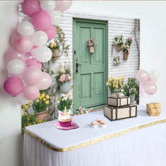Lofaris Charming Green Door and White Brick Wall Spring Flowers Easter Party Backdrop, Festive Celebration Decor