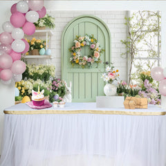 Lofaris Whimsical Pastel Spring Garden Party Backdrop, Green Arched Door with Floral Wreath and Easter Bunnies