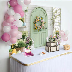 Lofaris Whimsical Pastel Spring Garden Party Backdrop, Green Arched Door with Floral Wreath and Easter Bunnies