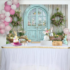 Lofaris Pastel Easter Spring Party Backdrop with Rustic Wooden Door, Floral Wreaths and Cute Bunnies