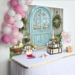 Lofaris Pastel Easter Spring Party Backdrop with Rustic Wooden Door, Floral Wreaths and Cute Bunnies