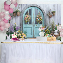 Lofaris Rustic Blue Door with Easter Eggs and Bunnies Party Backdrop, Spring Floral Garden Celebration Decor
