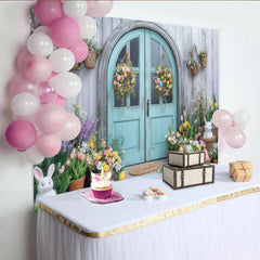 Lofaris Rustic Blue Door with Easter Eggs and Bunnies Party Backdrop, Spring Floral Garden Celebration Decor