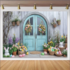 Lofaris Rustic Blue Door with Easter Eggs and Bunnies Party Backdrop, Spring Floral Garden Celebration Decor