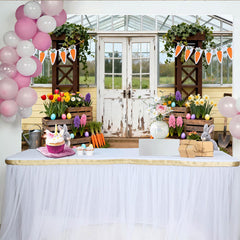 Lofaris Whimsical Easter Spring Garden Party Backdrop, Rustic Greenhouse with Bunnies and Carrots