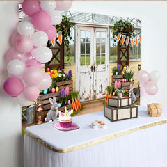 Lofaris Whimsical Easter Spring Garden Party Backdrop, Rustic Greenhouse with Bunnies and Carrots