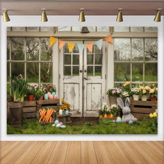 Lofaris Rustic Farmhouse Door Party Backdrop with Spring Flowers, Easter Eggs, and Cute Bunny for Celebration