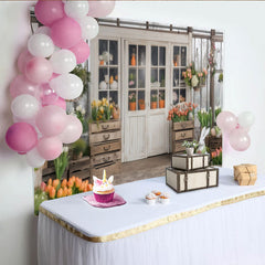 Lofaris Elegant Spring Garden Party Backdrop, White Greenhouse Doors with Easter Bunny and Tulips