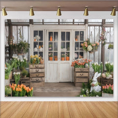 Lofaris Elegant Spring Garden Party Backdrop, White Greenhouse Doors with Easter Bunny and Tulips