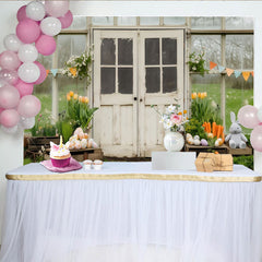 Lofaris Rustic Greenhouse with Easter Eggs and Bunny Party Backdrop, Spring Floral Celebration Decor