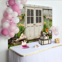 Lofaris Rustic Greenhouse with Easter Eggs and Bunny Party Backdrop, Spring Floral Celebration Decor
