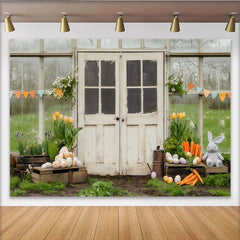 Lofaris Rustic Greenhouse with Easter Eggs and Bunny Party Backdrop, Spring Floral Celebration Decor