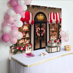 Lofaris Red and White Rose Bakery Party Backdrop, Elegant Floral Shop Window for Birthday and Wedding Celebration