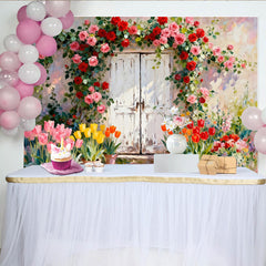 Lofaris Romantischer Hintergrund mit Rosen und Tulpen, Fotokulisse für Frühlingsfeiern, florale Wanddekoration
