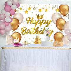 Lofaris Goldener Happy Birthday Hintergrund, Luftballons und Torte für Geburtstage, elegante Fotokulisse