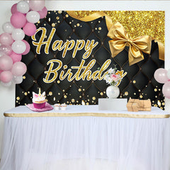Lofaris Eleganter schwarzer und goldener Happy Birthday Partyhintergrund, Glitzer-Diamanten und Schleife, für luxuriöse Feiern