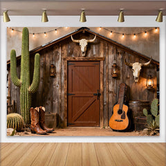 Lofaris Rustikale Holzscheunen-Kulisse im Western-Stil, mit Kakteen, Stierschädeln und Lichterkette, für Cowboy-Partys