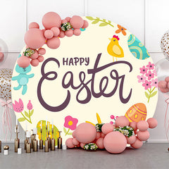 Color Eggs Floral Bunny Round Happy Easter Backdrop