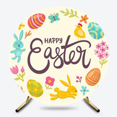 Color Eggs Floral Bunny Round Happy Easter Backdrop