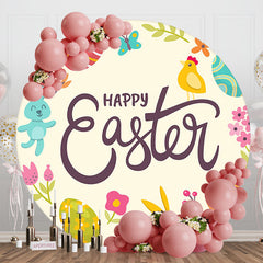 Color Eggs Floral Bunny Round Happy Easter Backdrop