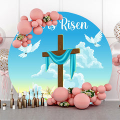 Blue Sky Cross He Is Risen Round Easter Backdrop