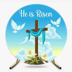 Blue Sky Cross He Is Risen Round Easter Backdrop