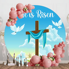 Blue Sky Cross He Is Risen Round Easter Backdrop