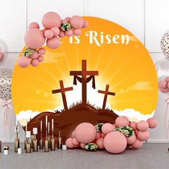 Orange Sky Cross He Is Risen Round Easter Backdrop