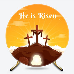 Orange Sky Cross He Is Risen Round Easter Backdrop