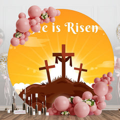 Orange Sky Cross He Is Risen Round Easter Backdrop