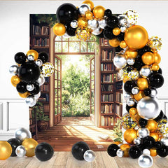 Lofaris Sunny Library Bookshelf Backdrop, Spring Garden View through Arch Window for Reading Room Decor