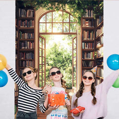 Lofaris Sunny Library Bookshelf Backdrop, Spring Garden View through Arch Window for Reading Room Decor