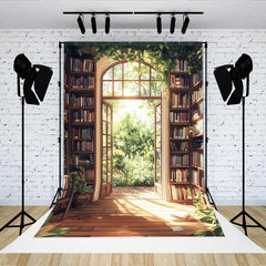 Lofaris Sunny Library Bookshelf Backdrop, Spring Garden View through Arch Window for Reading Room Decor
