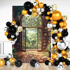 Lofaris Sunny Bookshelf Library Backdrop, Open Glass Door to Lush Green Garden for Spring Portrait