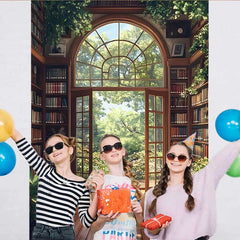 Lofaris Sunny Bookshelf Library Backdrop, Open Glass Door to Lush Green Garden for Spring Portrait