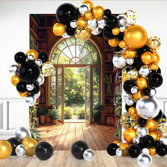 Lofaris Grand Arch Window Library Backdrop, Bookshelf and Indoor Plants with Forest View for Study Decor