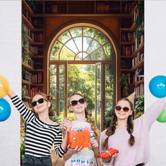 Lofaris Grand Arch Window Library Backdrop, Bookshelf and Indoor Plants with Forest View for Study Decor