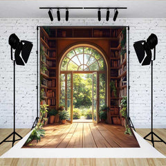 Lofaris Grand Arch Window Library Backdrop, Bookshelf and Indoor Plants with Forest View for Study Decor